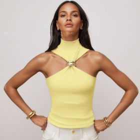 Gold Ring Sleeveless Cold-shoulder Stretch Top (Option: Yellow-M)