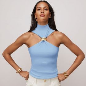 Gold Ring Sleeveless Cold-shoulder Stretch Top (Option: Sky Blue-XL)