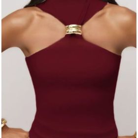 Gold Ring Sleeveless Cold-shoulder Stretch Top (Option: Red-XL)