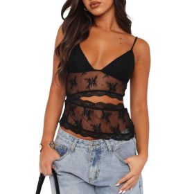 Lace Stitched Backless Small Sling Women V Neck Tank Top Underwear Vest Candy Color Bralette Clothes (Option: Black-S)