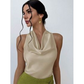 Women Solid Color Swing Collar Sleeveless Vest Trendy Elegant Shirt With Halter Neckline Backless Short Sleeve Tops Tshirts (Option: Apricot-XL)