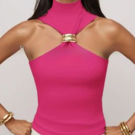 Gold Ring Sleeveless Cold-shoulder Stretch Top (Option: Rose Red-S)