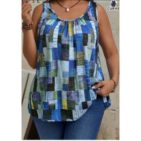 Plus Size Women's Summer Geometric Printed Round Neck Pleated Casual Tank Top (Option: Blue-S)