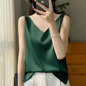 Sling Vest Inner Match Satin Silky Base Loose Sleeveless Top (Option: Dark Green-S)