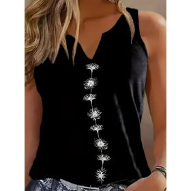 Floral Print Tank Top, Casual Notch Neck Summer Sleeveless Top, Women's Clothing (Option: Black-3XL)