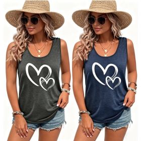Hearts Print Crew Neck Tank Top, Casual Sleeveless Tank Top For Summer, Women's Clothing (Option: Navy Blue and Grey-S)