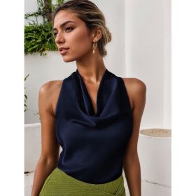 Women Solid Color Swing Collar Sleeveless Vest Trendy Elegant Shirt With Halter Neckline Backless Short Sleeve Tops Tshirts (Option: Blue-S)