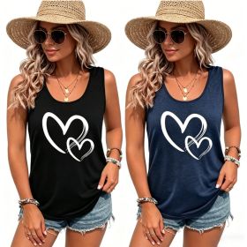 Hearts Print Crew Neck Tank Top, Casual Sleeveless Tank Top For Summer, Women's Clothing (Option: Navy Blue and Black-S)