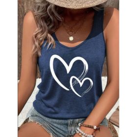Hearts Print Crew Neck Tank Top, Casual Sleeveless Tank Top For Summer, Women's Clothing (Option: Navy Blue-L)