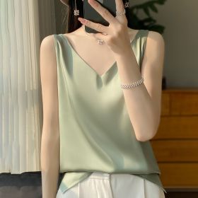 Sling Vest Inner Match Satin Silky Base Loose Sleeveless Top (Option: Grass Green-S)