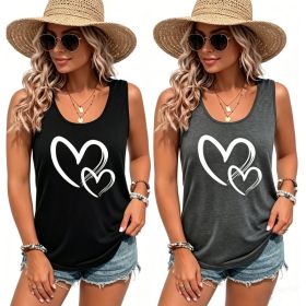 Hearts Print Crew Neck Tank Top, Casual Sleeveless Tank Top For Summer, Women's Clothing (Option: Black and Grey-S)
