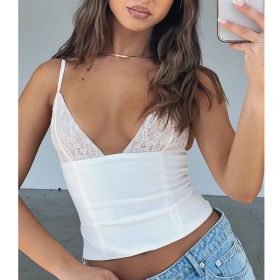Women's V-neck Camisole Lace Vest With Back Zipper Design Summer Slim Sleeveless Tops (Option: White-S)