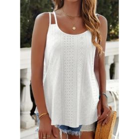 Eyelet Lettuce Trim Cami Top, Casual Sleeveless Scoop Neck Versatile Cami Top, Women's Clothing (Option: White-3XL)