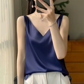 Sling Vest Inner Match Satin Silky Base Loose Sleeveless Top (Option: Navy Blue-M)