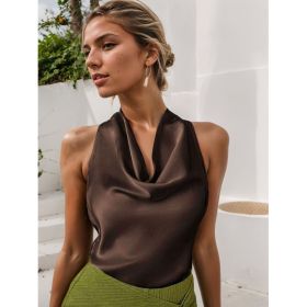 Women Solid Color Swing Collar Sleeveless Vest Trendy Elegant Shirt With Halter Neckline Backless Short Sleeve Tops Tshirts (Option: Khaki-M)