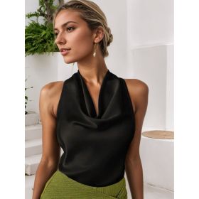 Women Solid Color Swing Collar Sleeveless Vest Trendy Elegant Shirt With Halter Neckline Backless Short Sleeve Tops Tshirts (Option: Black-L)