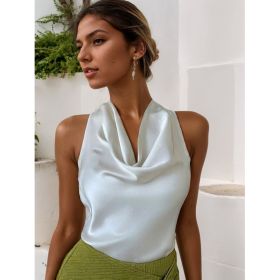 Women Solid Color Swing Collar Sleeveless Vest Trendy Elegant Shirt With Halter Neckline Backless Short Sleeve Tops Tshirts (Option: White-L)