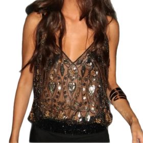 Sequin Bead Sling Basic Vest Women's Western Style Elegant (Option: Black Gold-M)