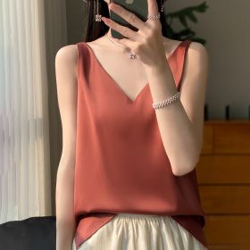 Sling Vest Inner Match Satin Silky Base Loose Sleeveless Top (Option: Brick Red-L)