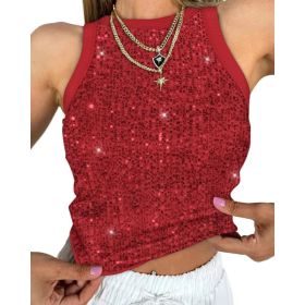 Sexy Cropped Sleeveless Sequin Leopard Print Vest (Option: Red-XL)